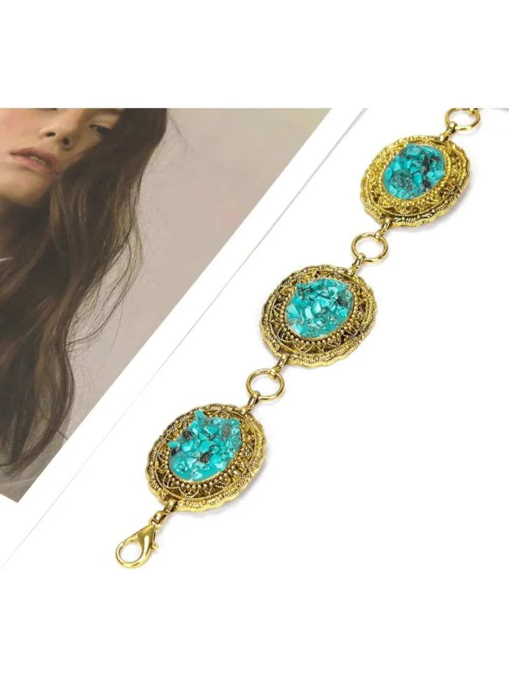 Retro Gold Metal Waist Chain with Turquoise Stone - Women's Punk Western Belt